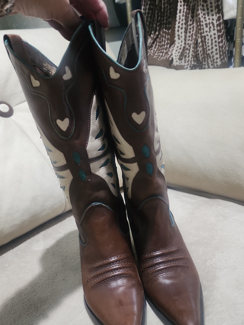 Vintage Nine West Brown Leather Butterfly Western Boots with Cream Teal Accents. - Picture 3 of 12